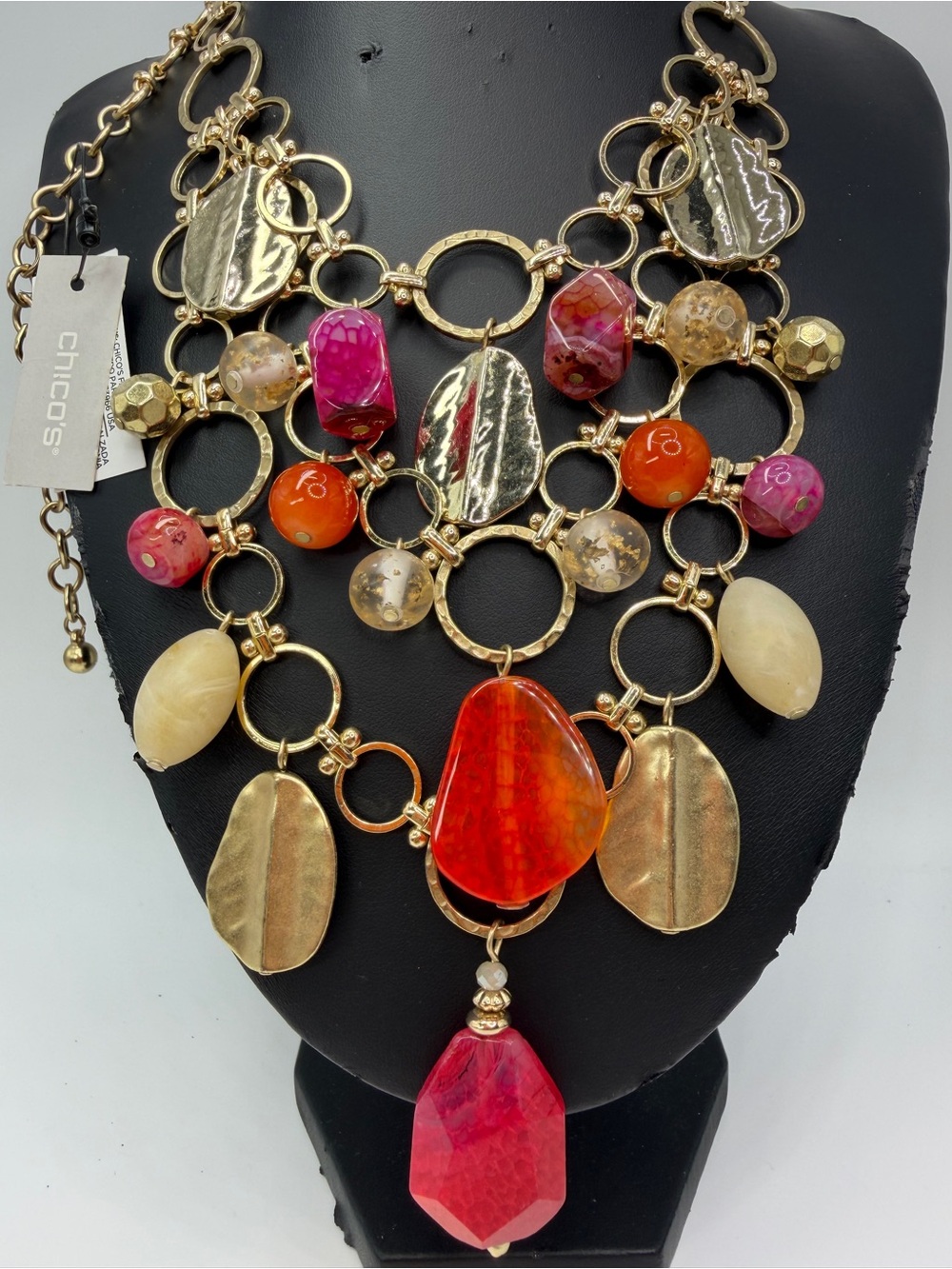 Chico’s NWT Statement Necklace Pink Orange Agate 15-20”